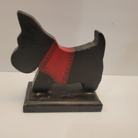 Handcrafted Wooden Scottie Dog Figurine With Red Accents 7.5" - Picture 4 of 8